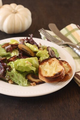 Post image for Greens with Sauteed Mushrooms, Walnuts and Gruyere Crisps