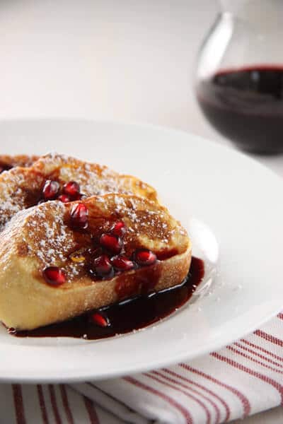 french toast, pomegranate, syrup, vegetarian