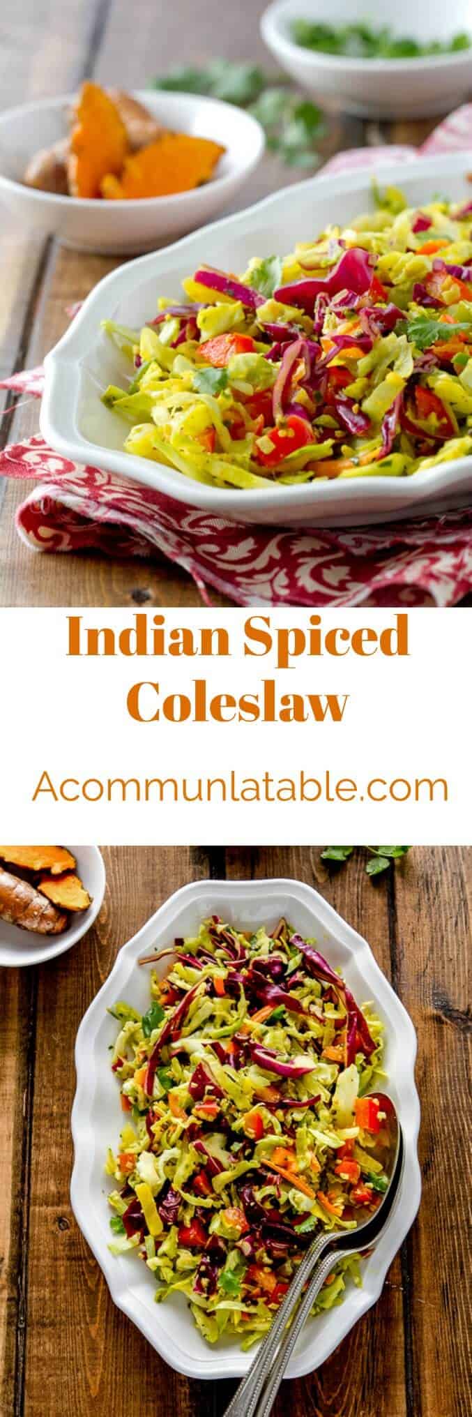 Indian spiced coleslaw is a healthy, no mayo recipe with a lovely turmeric spiced dressing that goes with almost anything!