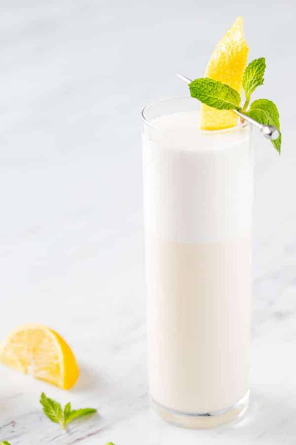 A single glass of Sgroppino with a lemon and mint garnish.