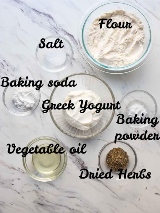 Labeled Ingredients for yogurt flatbread recipe. 