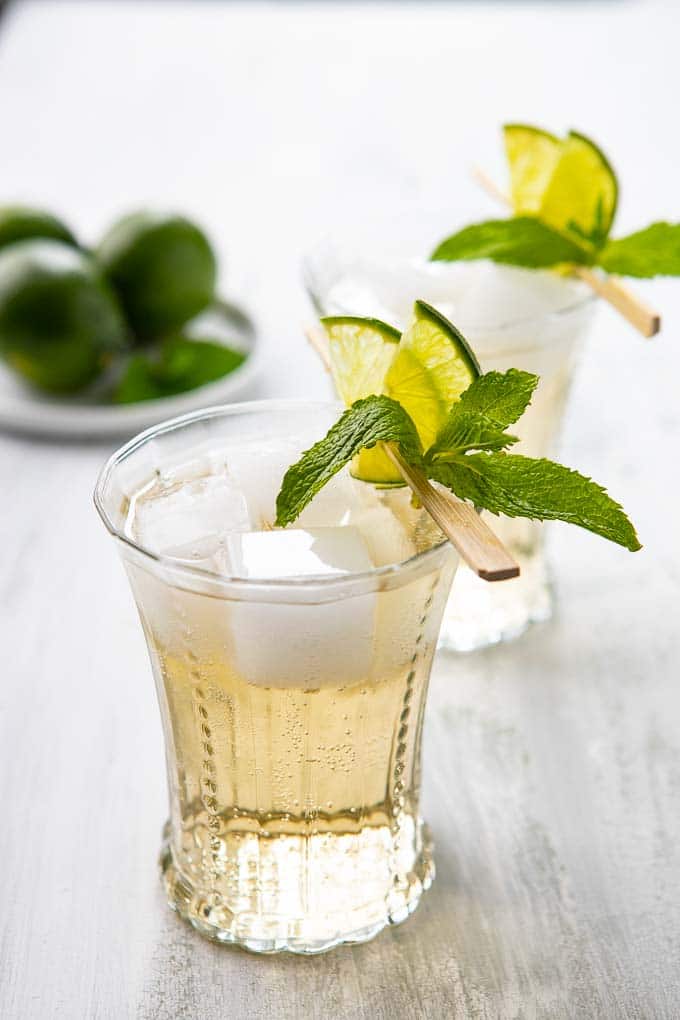 Close up of a Gin Mule in a cocktail glass garnished with a fresh mint sprig and lime slices.