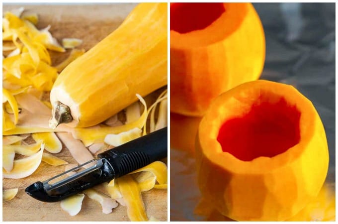 How to peel and cut squash for stuffed butternut squash recipe.