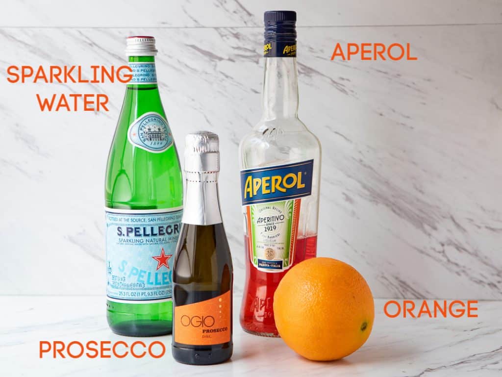 Ingredients to make an aperol spritz