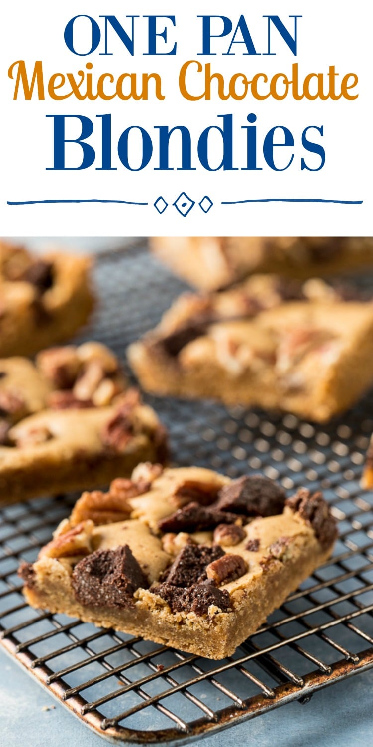 These Mexican Chocolate Blonde Brownies are the bomb! Rich, chewy and buttery, with chunks of mexican chocolate and crunchy pecans, they are dangerously easy to make - only one bowl and one spoon needed!