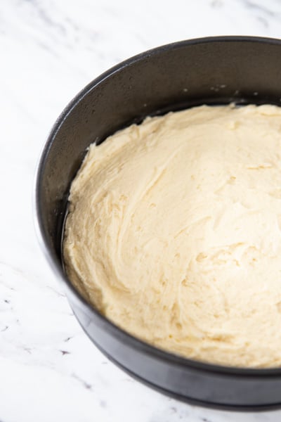 easy butter cake recipe batter in a springform pan. 