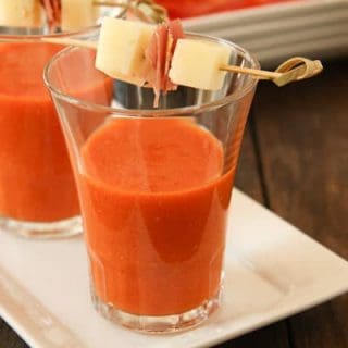 a refreshing cold soup, spanish gazpacho is flavored with roasted peppers, smoked paprika and sherry.