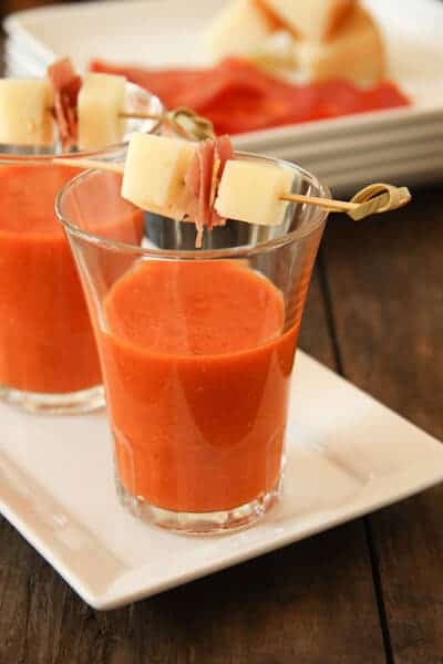 a refreshing cold soup, spanish gazpacho is flavored with roasted peppers, smoked paprika and sherry.