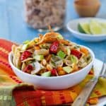 This Easy Mexican Style Pasta Salad with Chile Lime Dressing recipe is a summer potluck, party and backyard bbq star that can be made ahead.