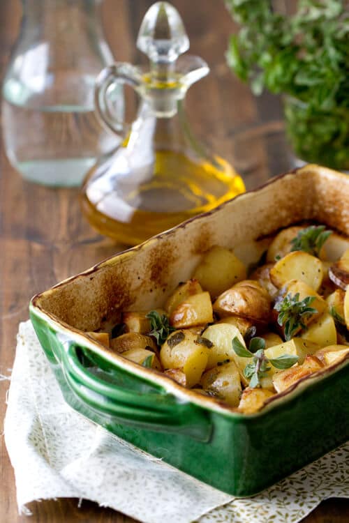 casserole dish with greek potatoes.