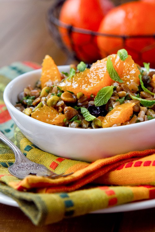 bowl with farro, tangerine and dried blueberry salad