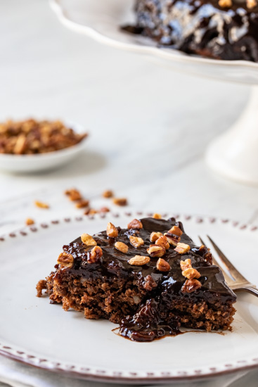 slice of ooey gooey chocolate cake