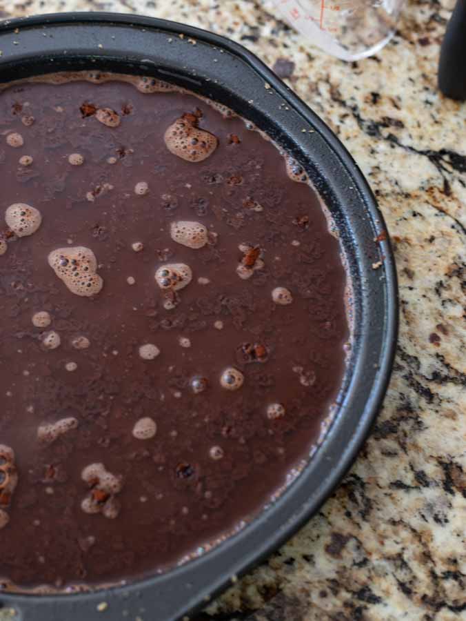 ooey gooey cake ready to go into the oven. 