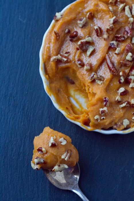 With no peeling and no boiling, this easy, pecan topped Brown Butter Sweet Potato Casserole is a holiday must make.
