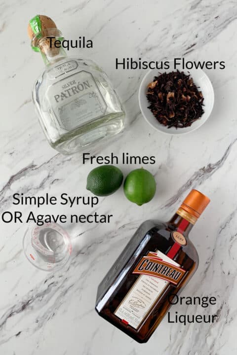 Ingredients for the Hibiscus Margarita recipe.