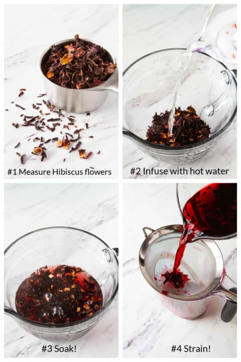 Step by step instructions for how to make hibiscus tea.