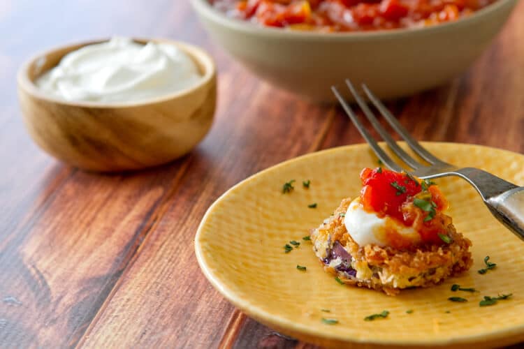 Eggplant fritters with a spicy tomato chutney - a vegetarian appetizer or dinner!