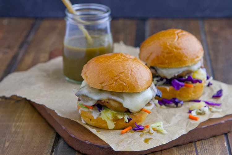 Grilled Chicken Green Chile Sliders with Pineapple Slaw