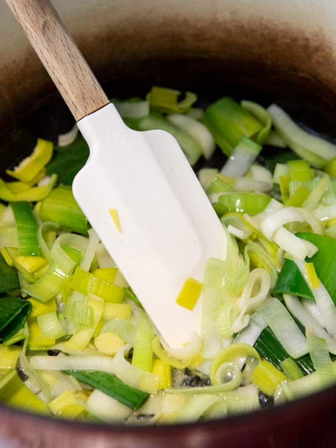 sauteiing leeks for the chicken and leek soup