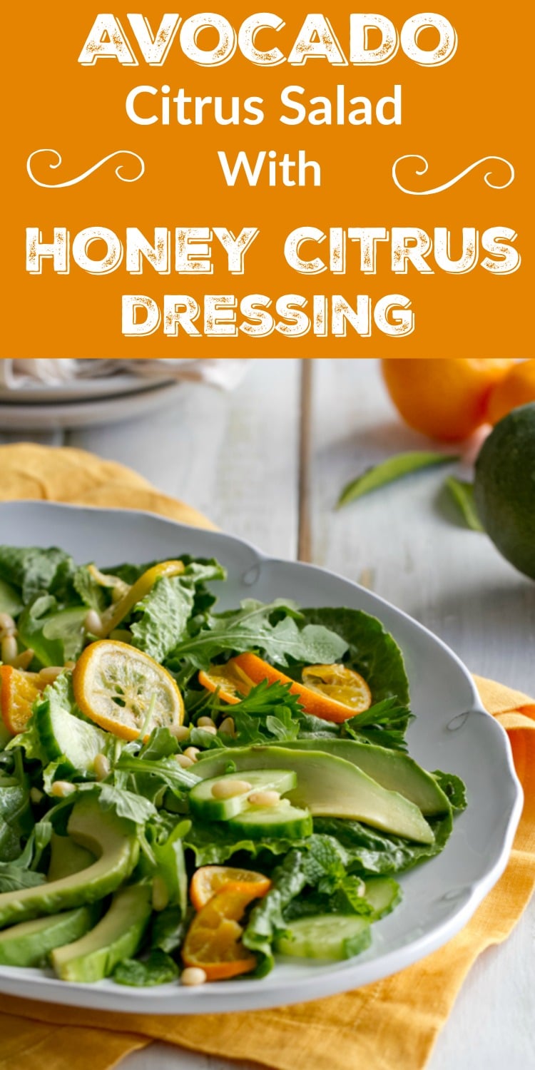 Creamy Avocados and winter citrus bathed in a Honey Citrus Dressing makes a fabulous vegetarian main dish or side salad!