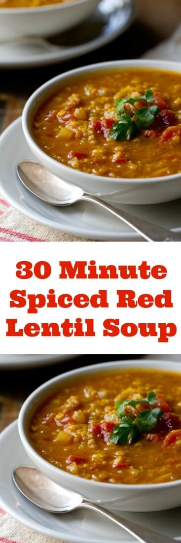 This Indian Spiced Red Lentil Soup recipe is an easy 30 minute healthy vegan/vegetarian recipe that uses two simple techniques for long simmered flavor!