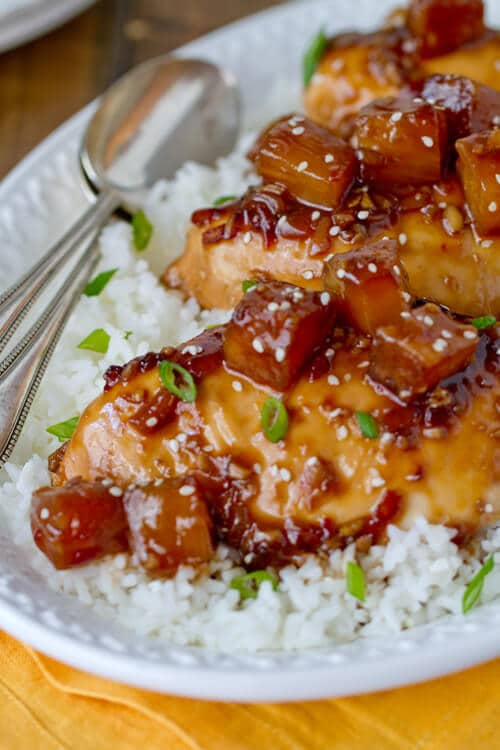 Sweet pineapple, soy sauce and sriracha flavor this easy asian inspired chicken recipe that is baked andready in under 45 minutes. 