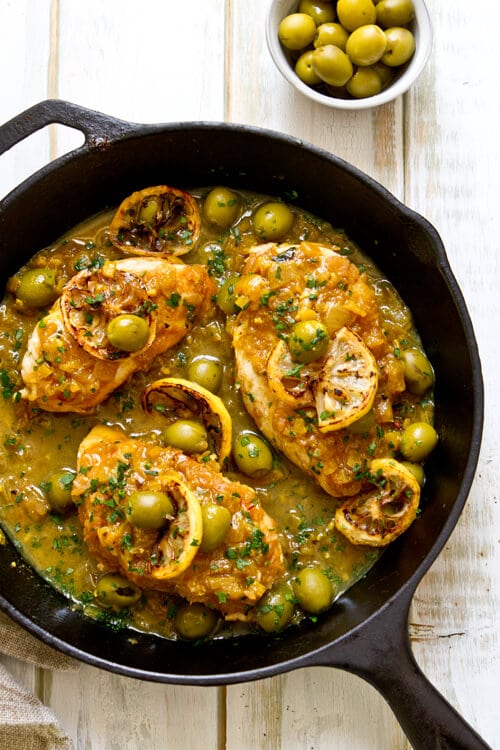 overhead shot of the one pan moroccan lemon olive chicken