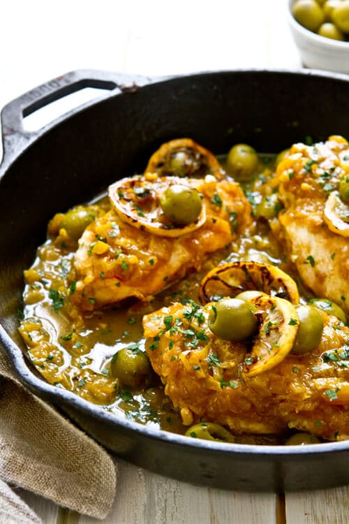 one pan moroccan lemon olive chicken in a skillet