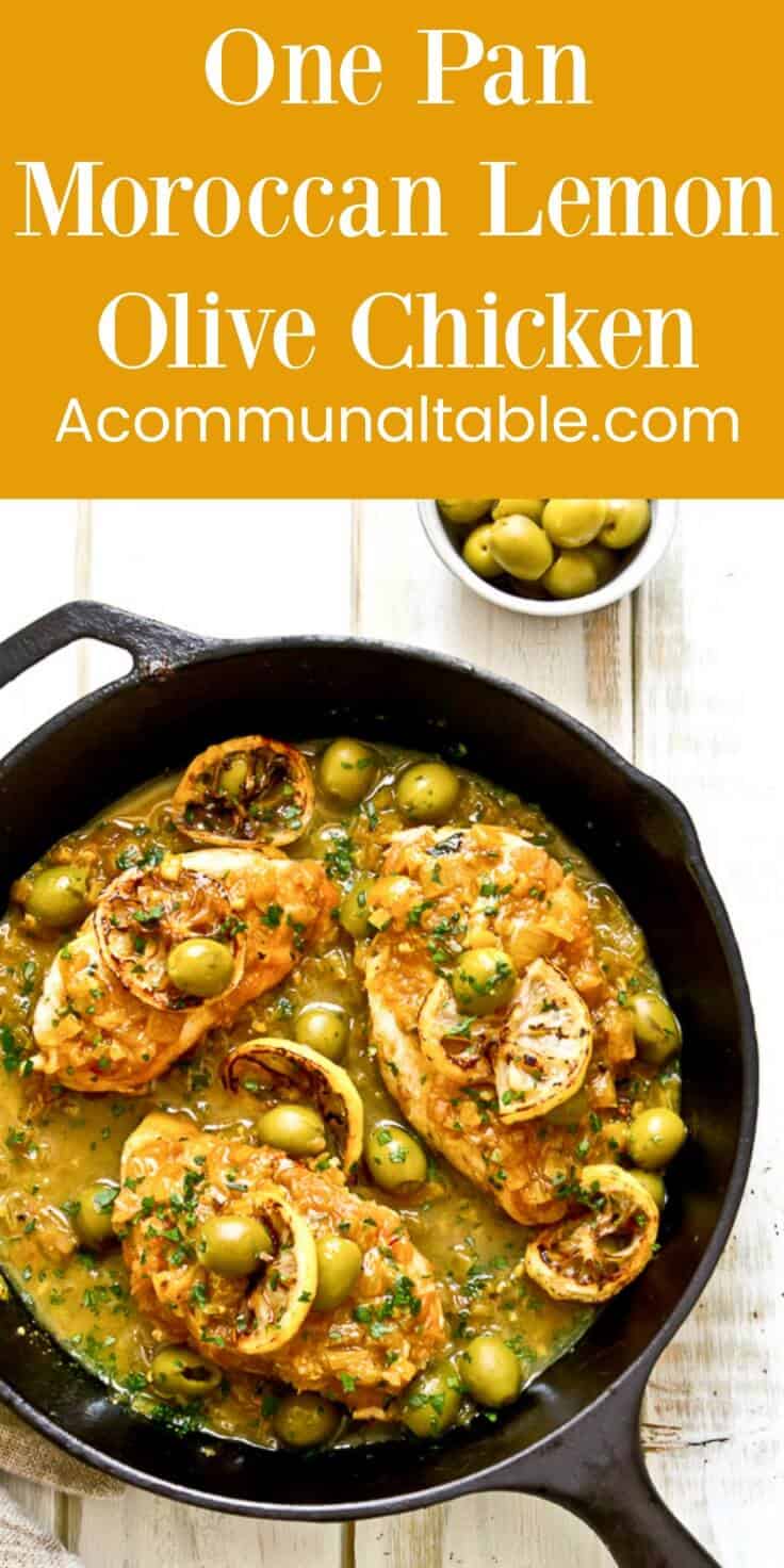 One pan moroccan lemon olive chicken is an easy, weeknight version of the classic moroccan tangine made with chicken, olives and lemons.
