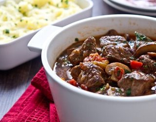 Chasseur Style Beef Stew is an easy and satisfying one pot french style beef stew with mushrooms, tomatoes, shallots and white wine that's ideal for winter.