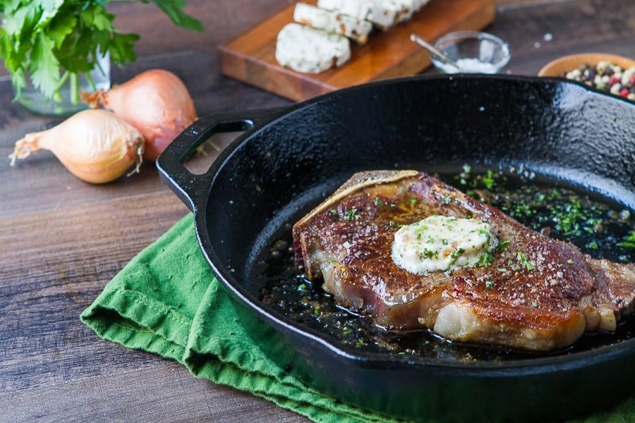 Pan Seared Steak with Bercy Butter Sauce is made with a shallot, wine and parsley compound butter that you can make ahead for the easiest dinner ever!