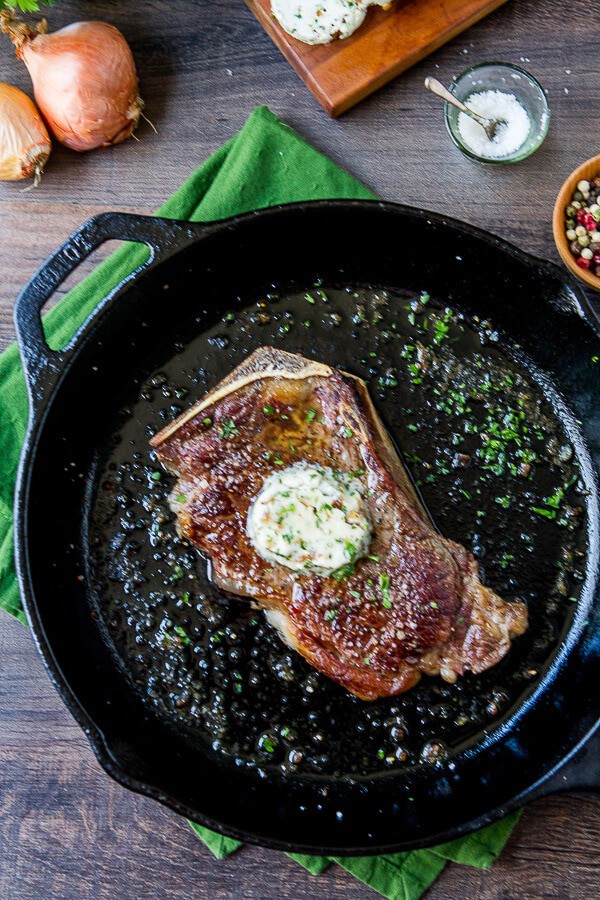 Pan Seared Steak with Bercy Butter Sauce is made with a shallot, wine and parsley compound butter that you can make ahead for the easiest dinner ever!