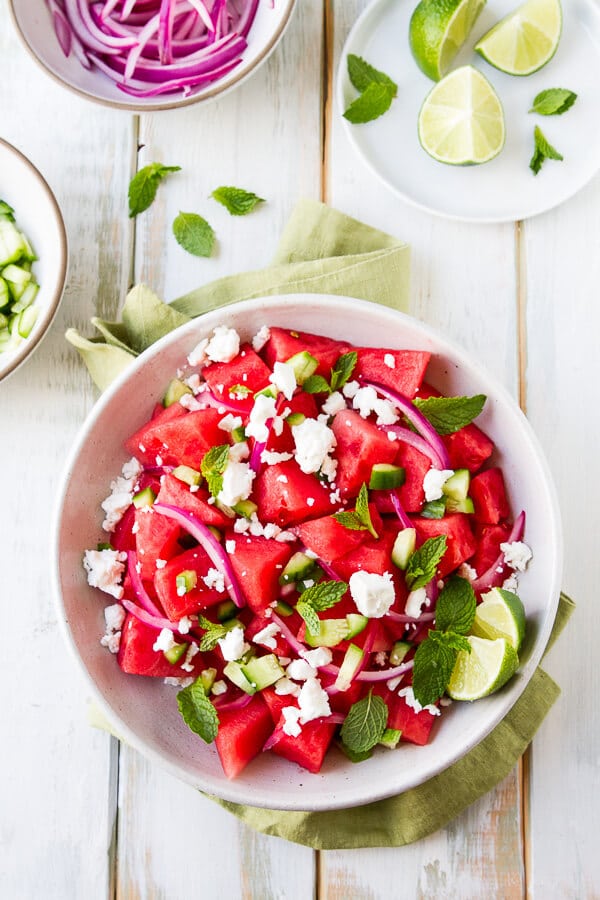 This Watermelon, Mint and Cucumber Salad recipe is my summer "go to". Lime juice, briny feta and olive oil round out the flavors in this easy side dish. 