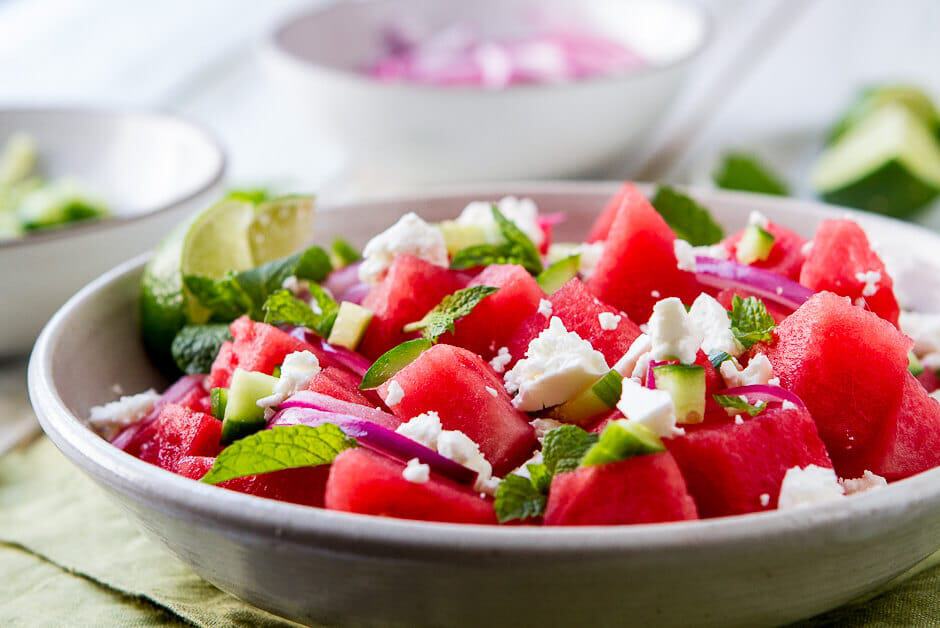 This Watermelon, Mint and Cucumber Salad recipe is my summer "go to". Lime juice, briny feta and olive oil round out the flavors in this easy side dish. 