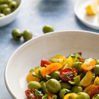Sweet, salty and a little sour, this Green Olive, Tomato and Pomegranate Salad can double as an appetizer, main course or snack!