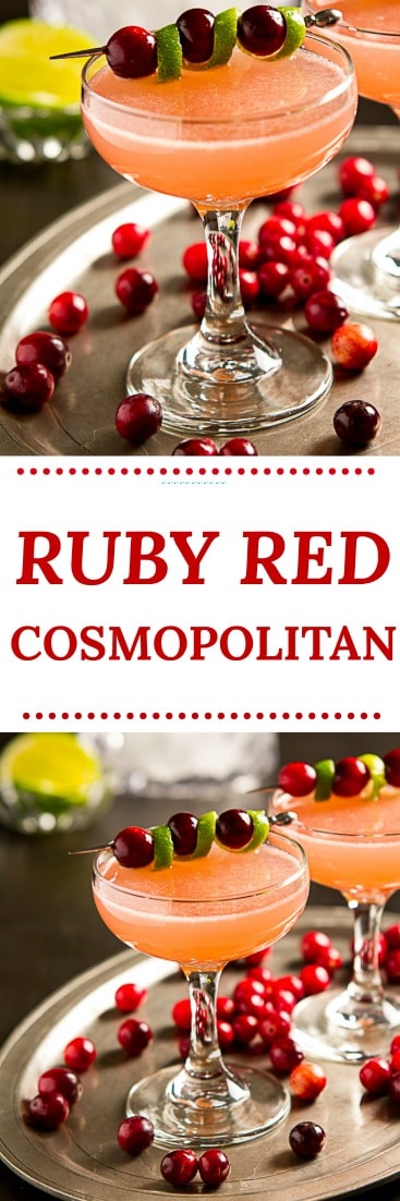 Sweet, tart and not too boozy, this easy vodka Ruby Red Cosmopolitan cocktail recipe is just right for a holiday or winter party. #cocktails #holidaycocktails #vodka