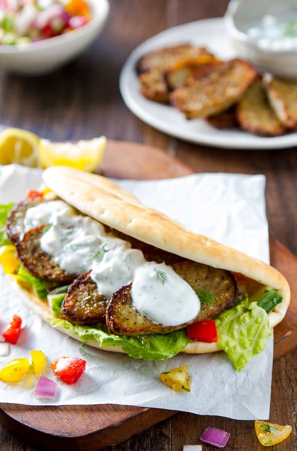 Finished Greek Turkey Gyros with tzatziki sauce