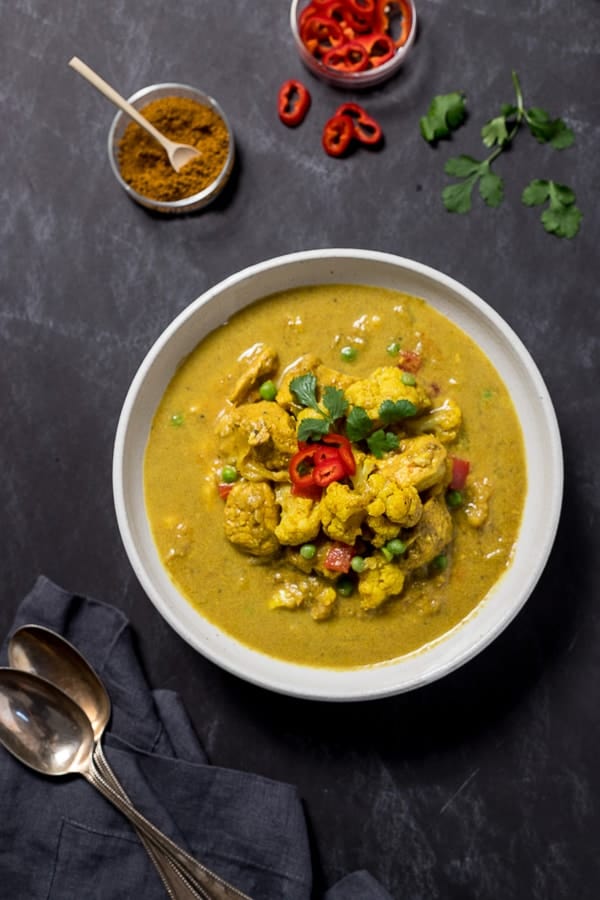 Overhead shot of a bowl of Coconut Chicken Curry