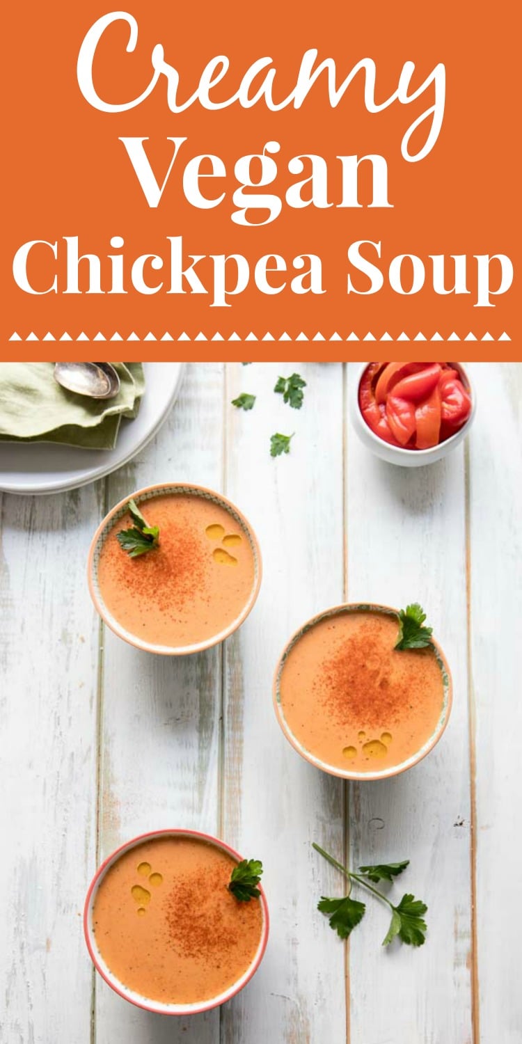 if you love tomato or roasted red pepper soup, you are going to love this vegan creamy chickpea soup with roasted red peppers because that is exactly what it tastes like! Using pantry staples and a surprise ingredient, this soup is ready in under 20 minutes.