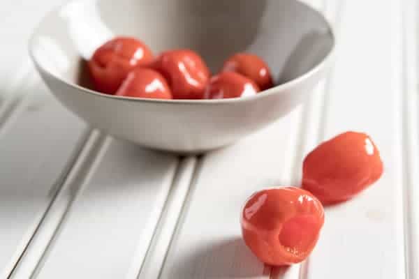 A bowl with peppadew peppers used in the Chicken Scarpariello recipe. 
