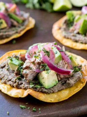 close up of Mexican pulled pork tostadas.