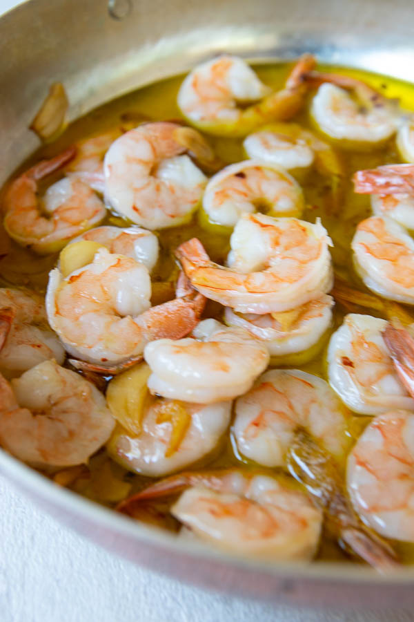  step #2 for the garlic shrimp recipe - barely cooked shrimp in pan. 