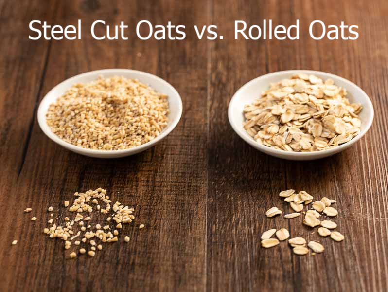 steel cut oats vs rolled oats in bowls showing the different grains