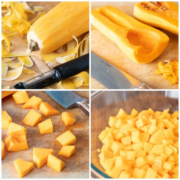 step by step photos showing how to peel and cut butternut squash