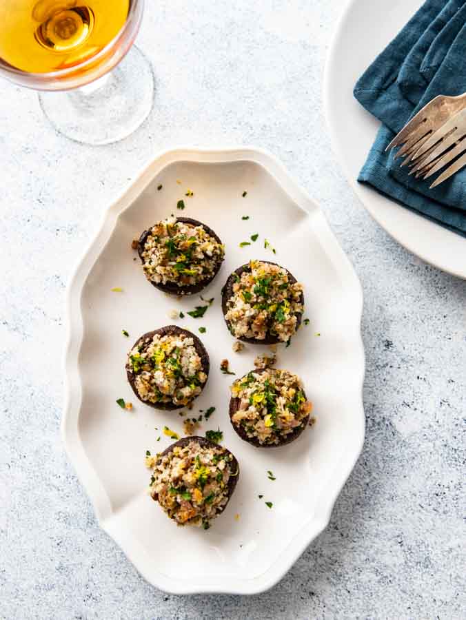 Overhead photo of an easy tapas recipe - stuffed Spanish mushrooms!
