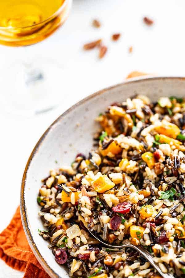 bowl of baked butternut squash and wild rice pilaf