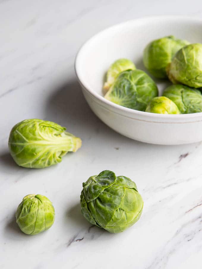 bowl with brussels sprouts on a counter