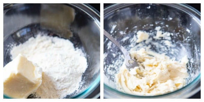 Buerre-manie bowl with butter and flour and bowl with butter and flour mixed for the buerre manie