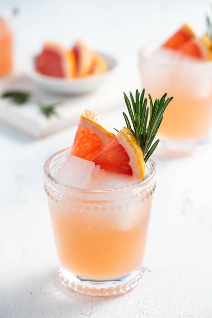 Close up a this gin and grapefruit cocktail. 
