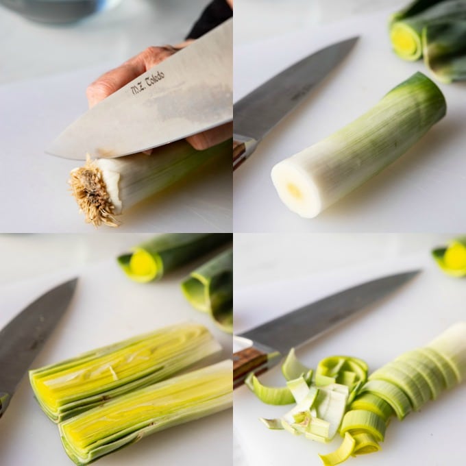 step by step photos of how to cut and prepare leeks.